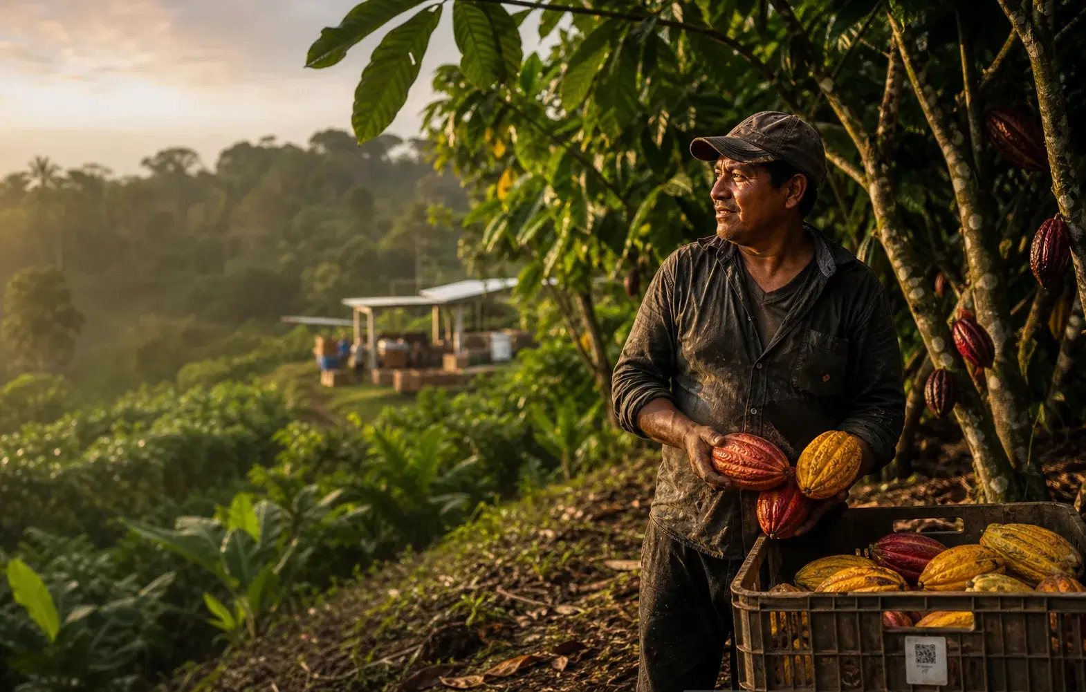 A cocoa producer harvesting cocoa pods on a farm